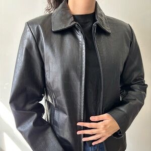Y2K Black Biker Leather Grunge Jacket - Black Bomber Crocodile Goth Small Jacket